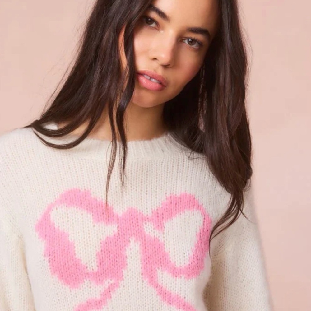 LOVESHACKFANCY JORAH ALPACA-BLEND PINK BOW PULLOVER WOMENS LARGE L $345 NWT L